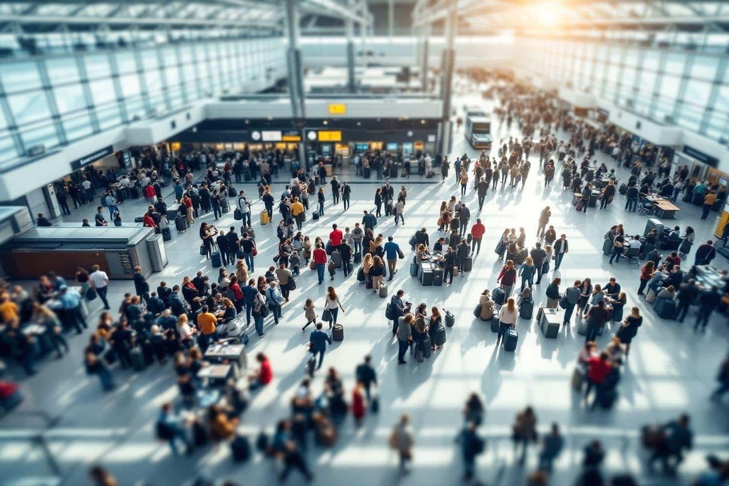 Foule de voyageurs dans un vaste hall d'aéroport lumineux
