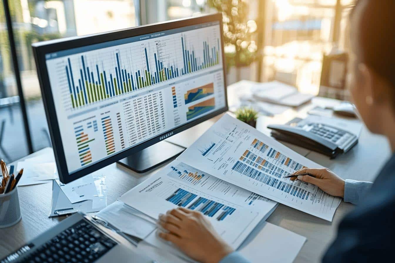 Écran et documents montrant des graphiques et statistiques professionnels