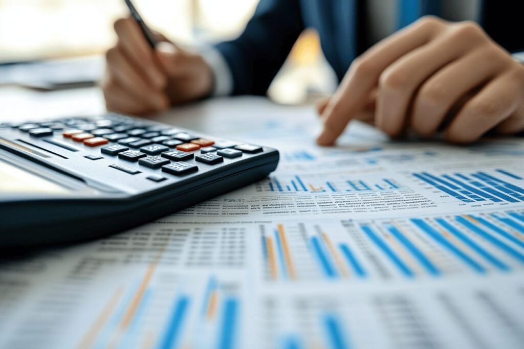 Calculatrice, graphiques et mains travaillant sur des documents financiers