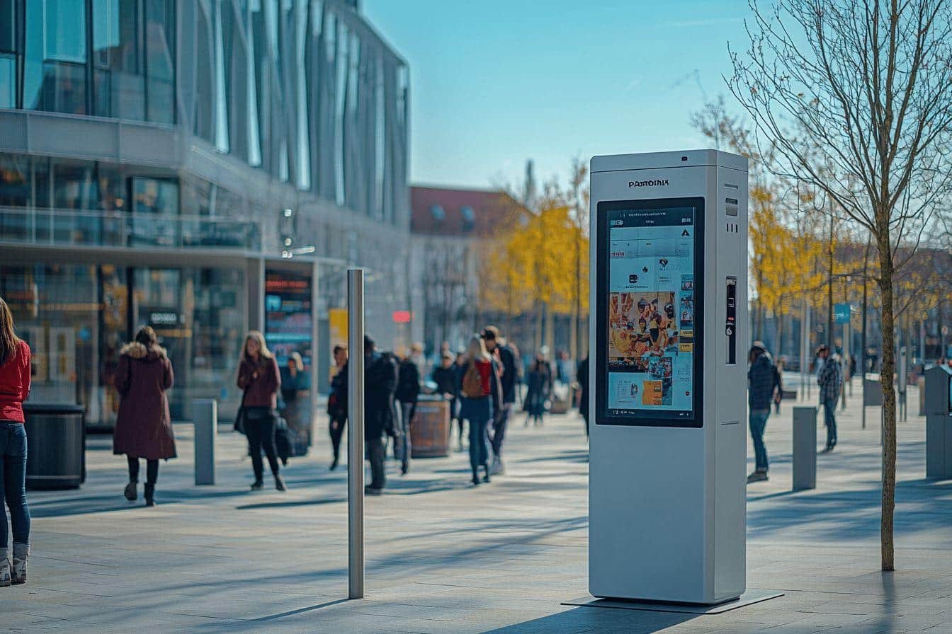 Écran numérique sur rue avec piétons en arrière-plan
