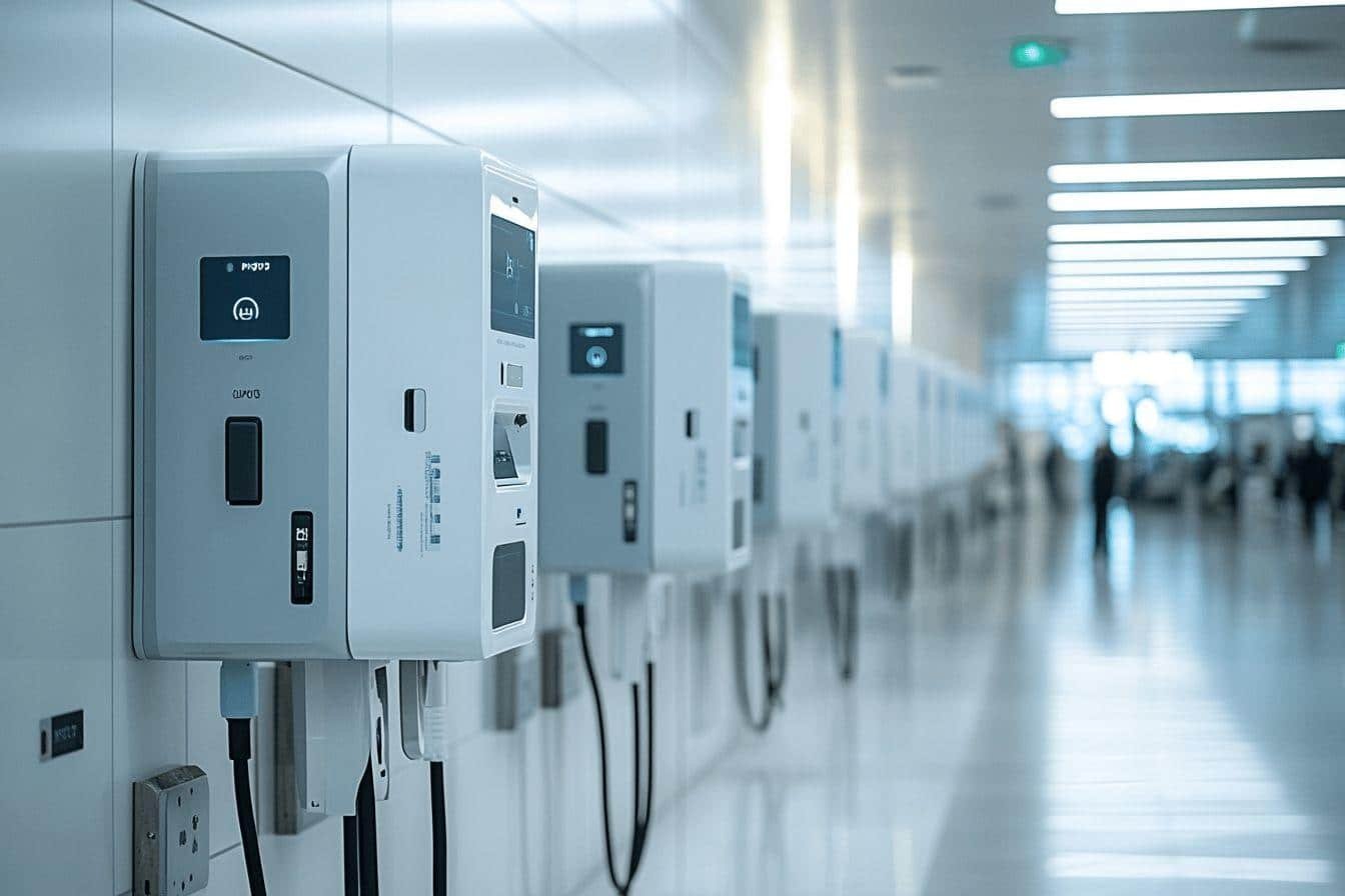 Rangée de stations de charge blanche dans un couloir lumineux