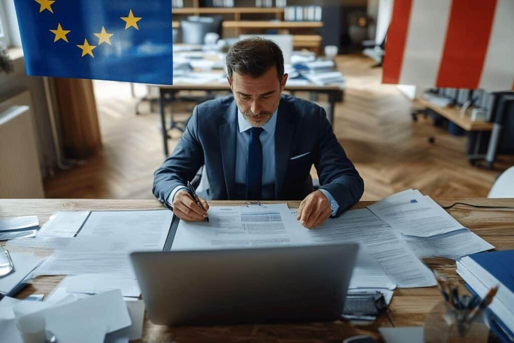 Homme en costume signant des documents avec des drapeaux