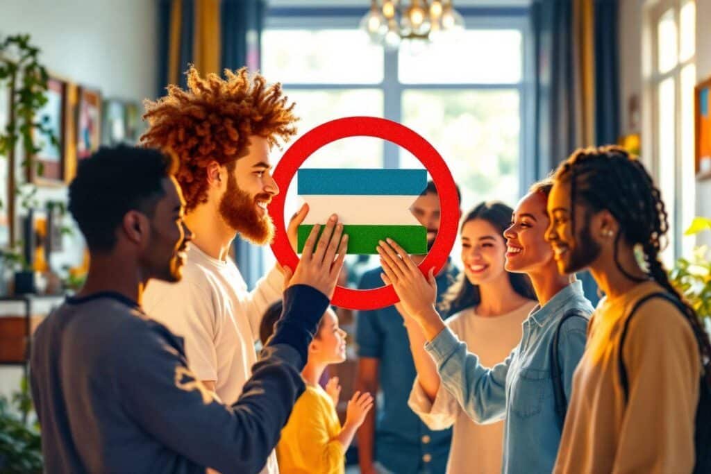 Groupe souriant tenant un drapeau aux couleurs variées