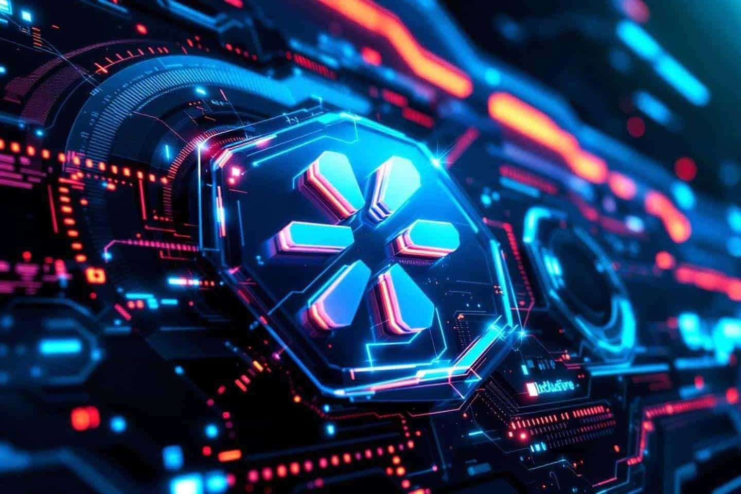 Interface technologique avec motif géométrique bleu et rouge