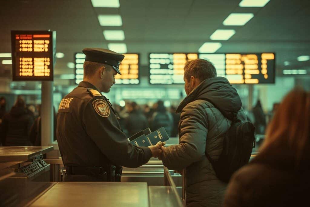 Agent de sécurité vérifiant les documents d'un voyageur