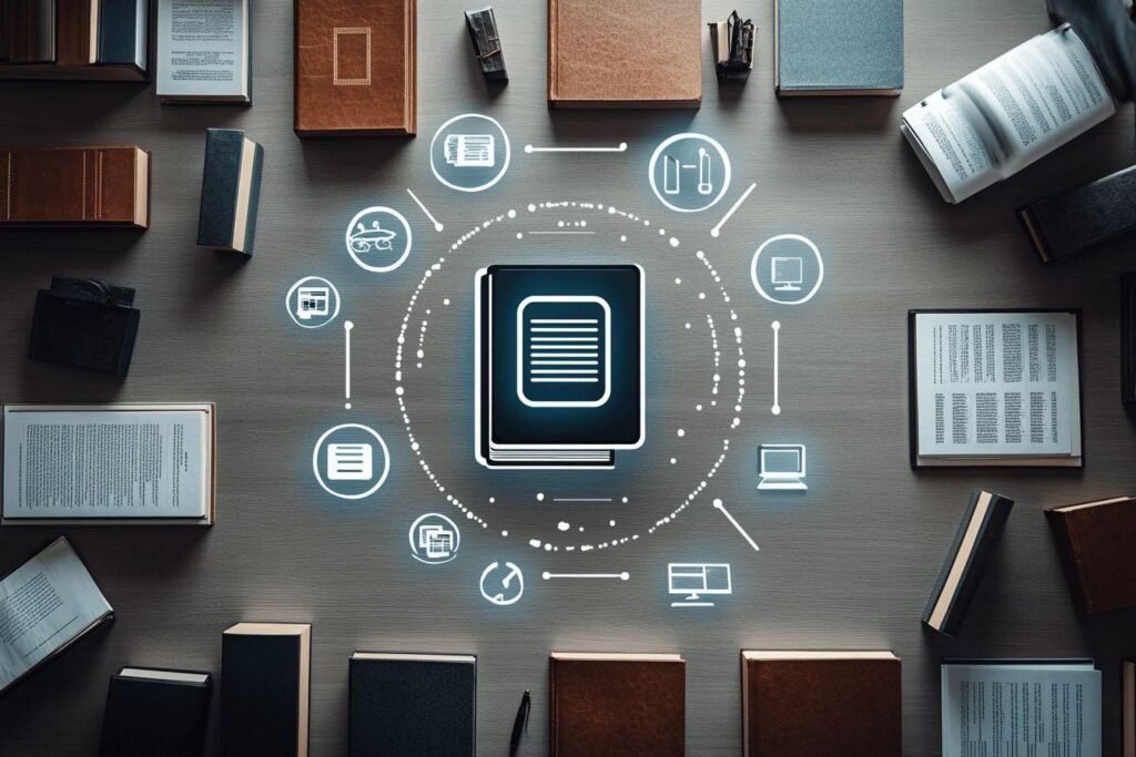 Livre central entouré d'icônes connectées et de documents