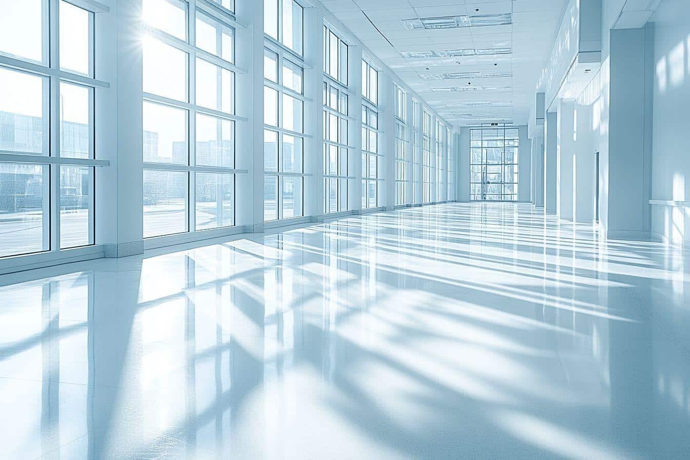 Intérieur blanc avec grandes fenêtres et sol réfléchissant