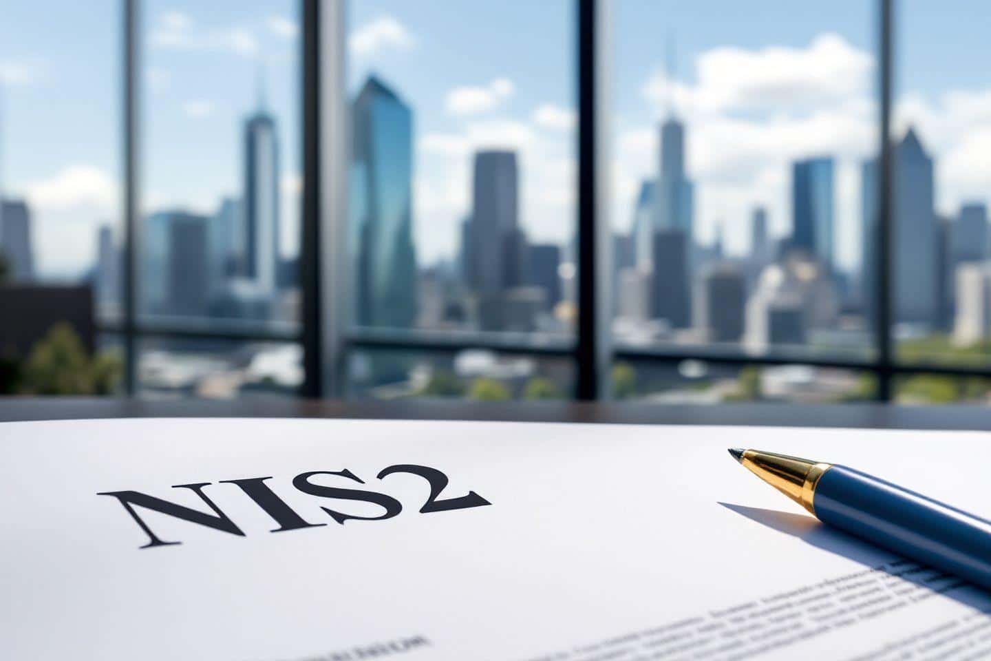 Stylo et document NS2 sur fond de gratte-ciels modernes