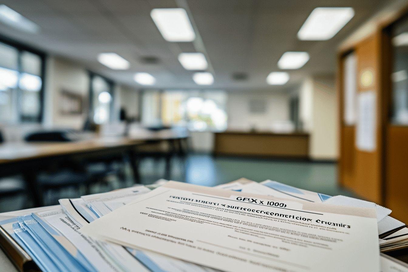 Papiers et formulaires éparpillés sur un bureau de travail
