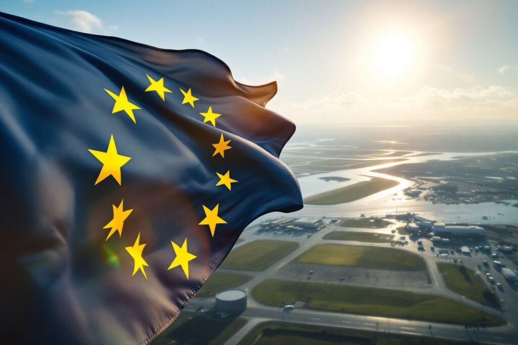Drapeau de l'Union européenne flottant au-dessus d'un aéroport