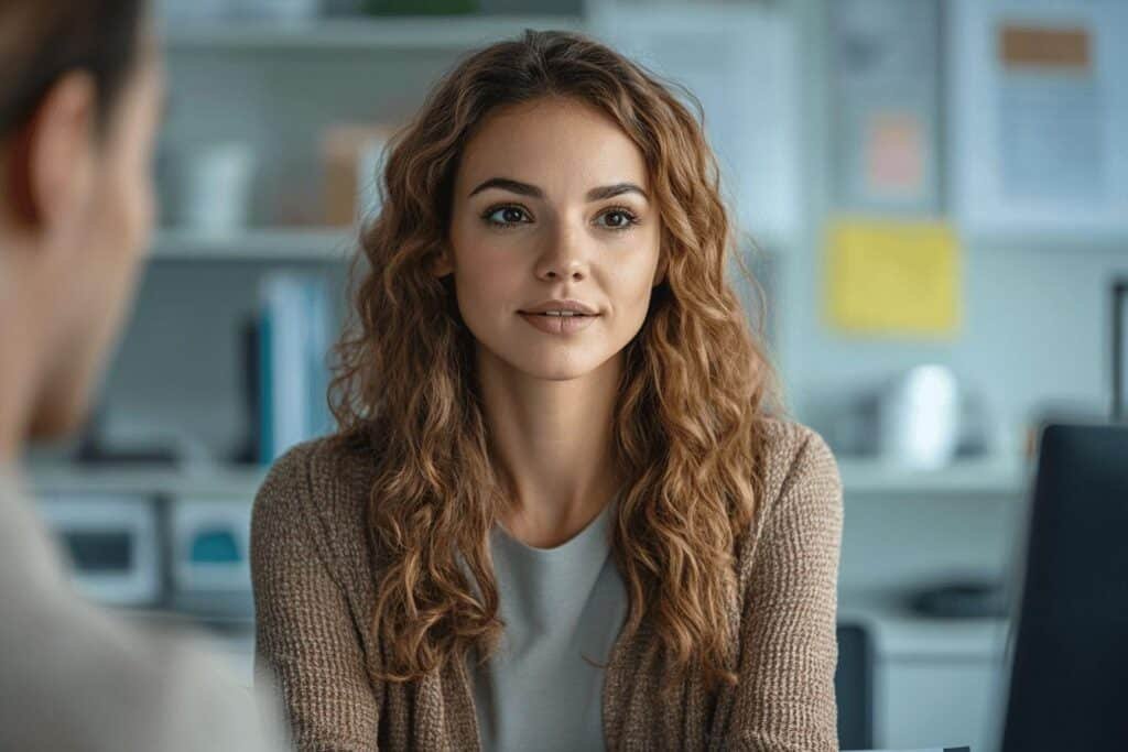 Jeune femme dans un environnement de travail regardant attentivement