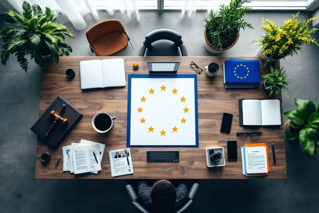 Bureau avec drapeau européen, documents et équipement de travail
