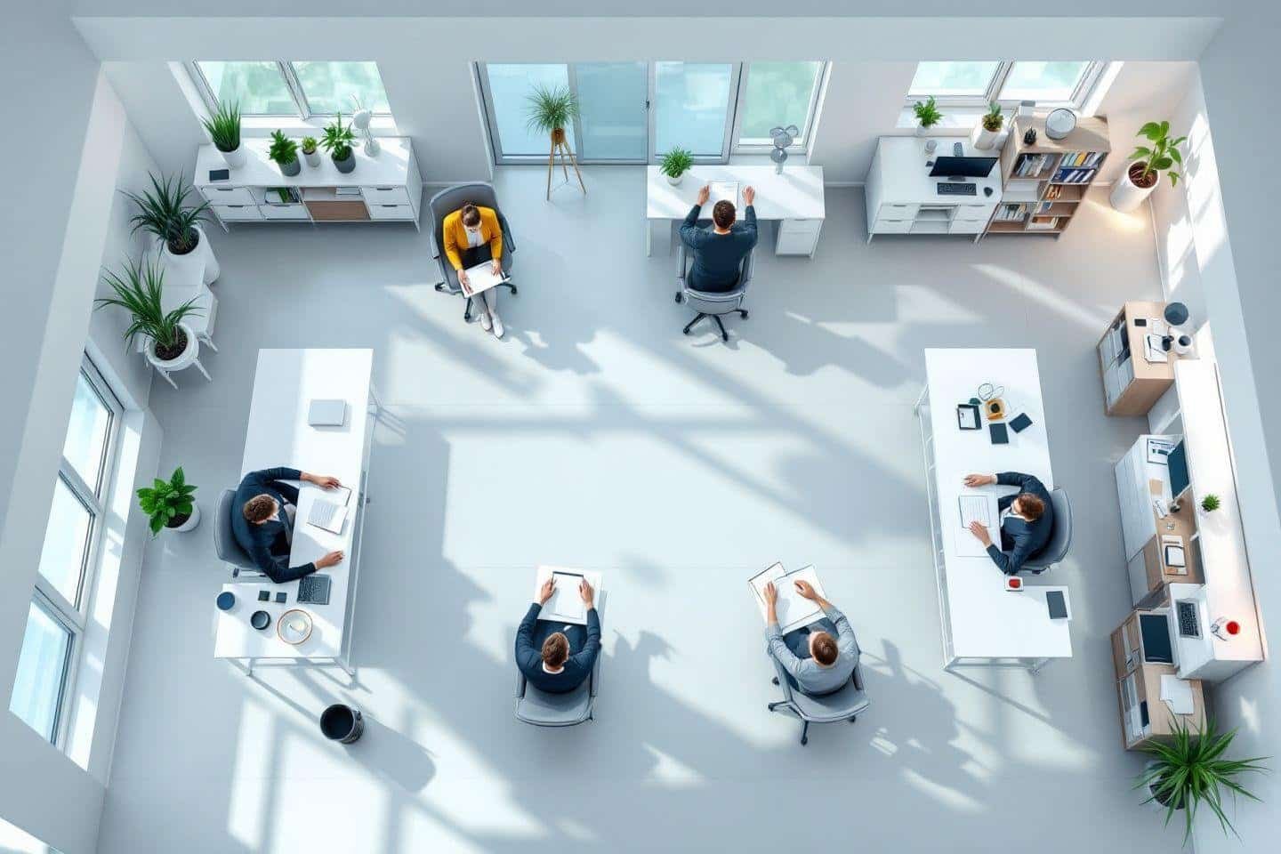 Vue aérienne d'un bureau contemporain avec plusieurs postes de travail