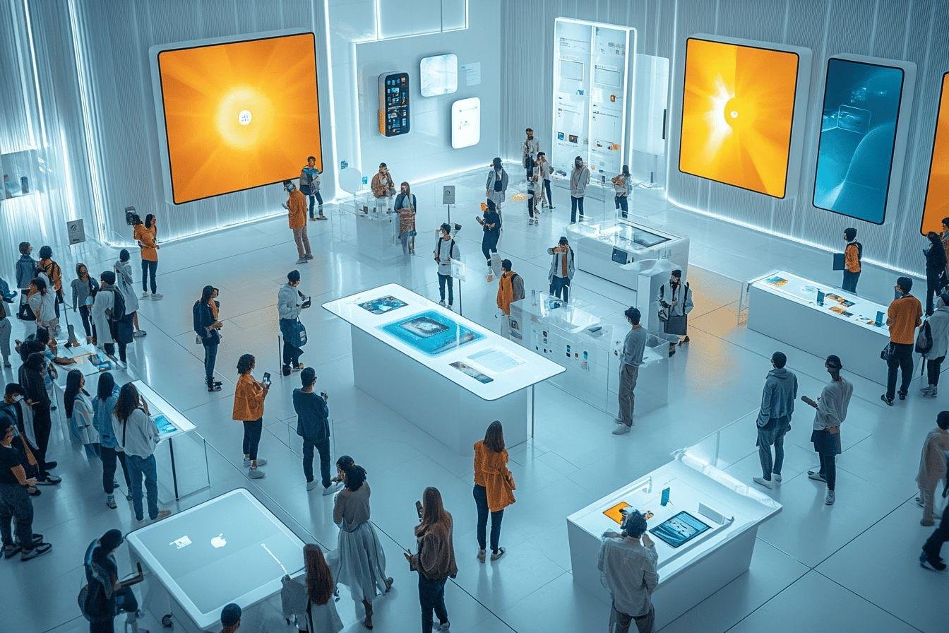 Salle blanche avec visiteurs autour d'écrans et dispositifs numériques