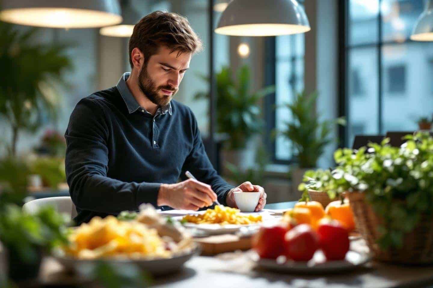 Homme concentré écrivant près de fruits et légumes
