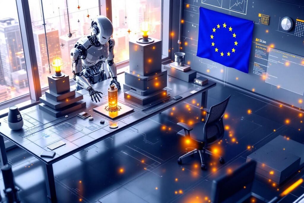 Robot technologique dans un bureau futuriste avec drapeau européen