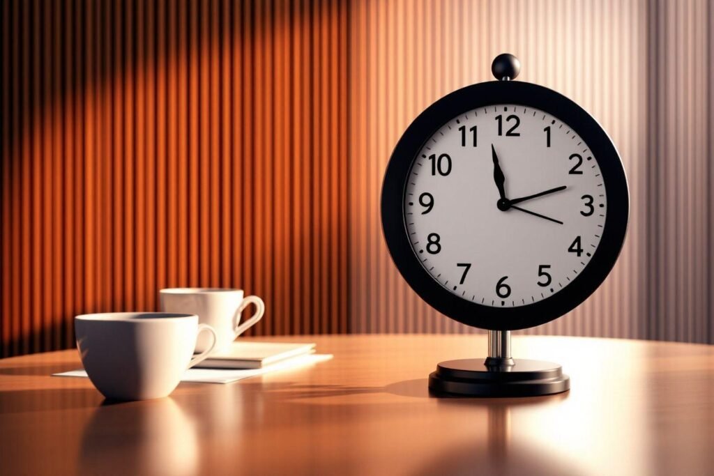 Horloge et tasses sur une table en bois avec fond rayé