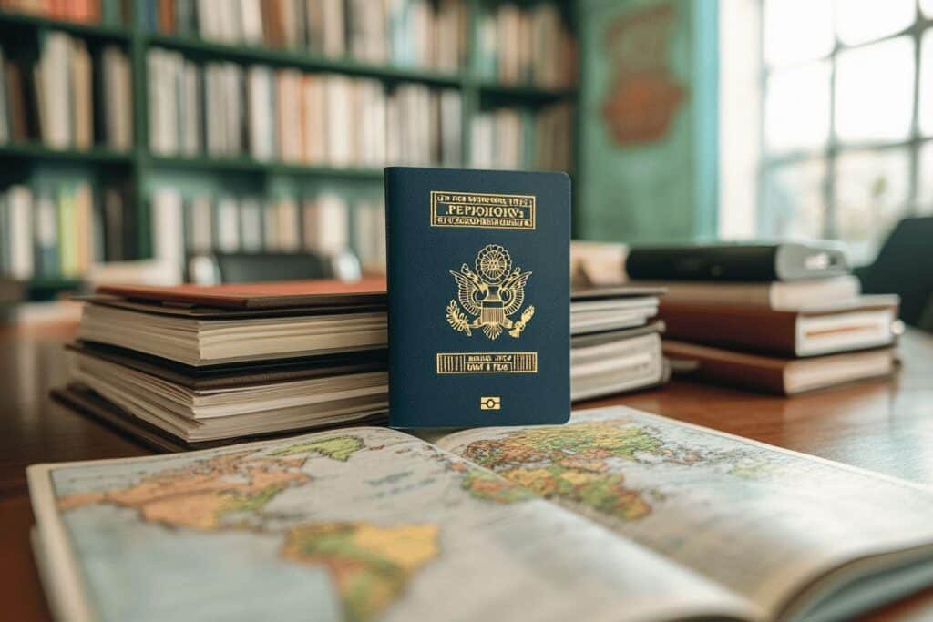 Passeport bleu sur une carte du monde avec des livres