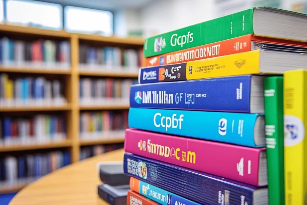 Livres empilés verticalement avec étagères floues en arrière-plan