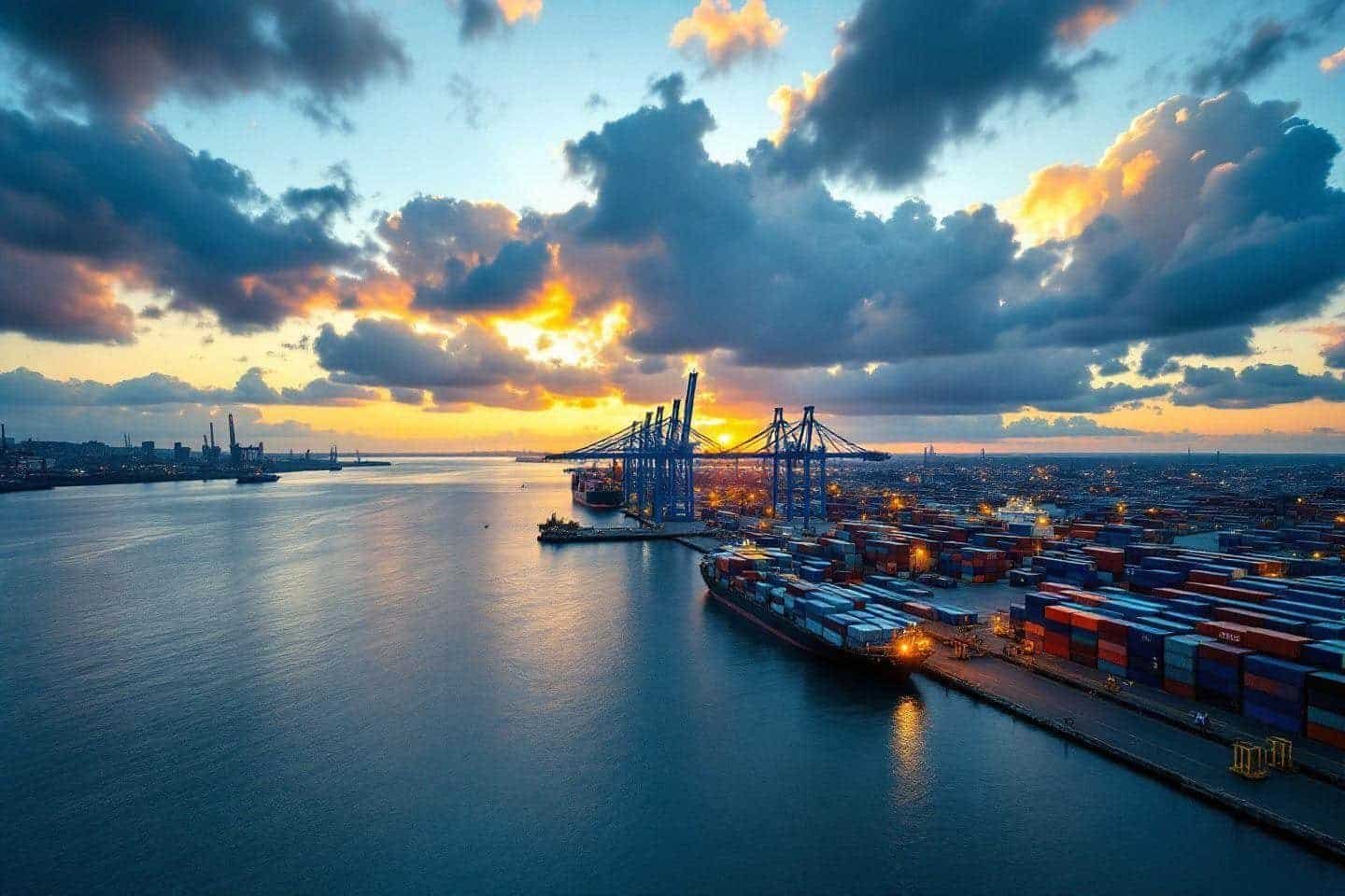 Grues portuaires et conteneurs avec ciel nuageux coloré