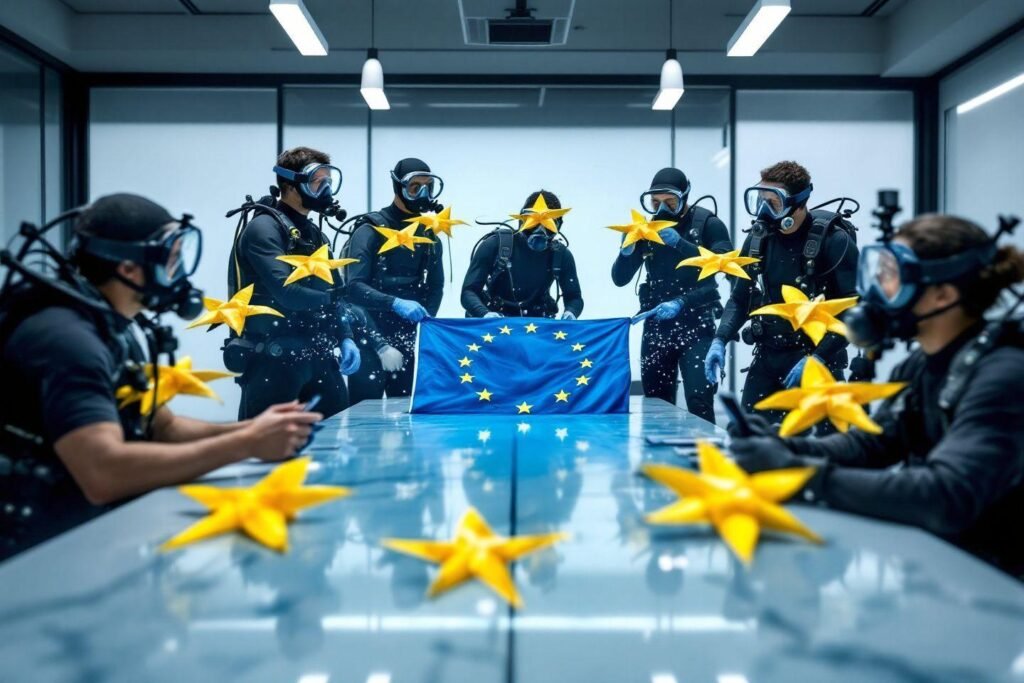 Personnels équipés autour du drapeau de l'Union européenne