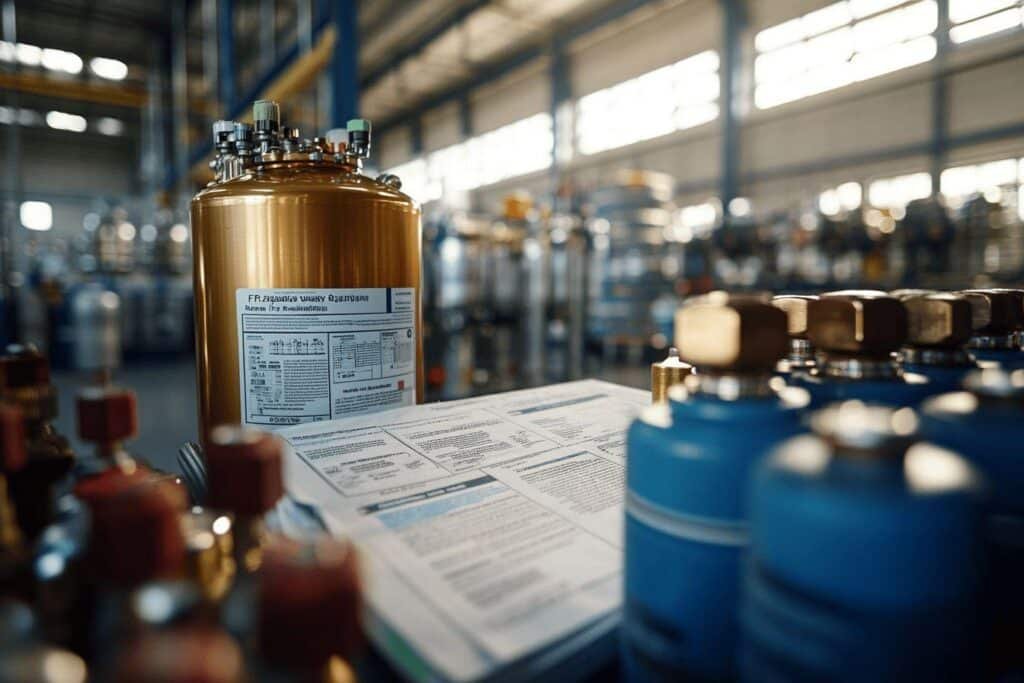Gros plan sur un réservoir doré et des documents dans une usine