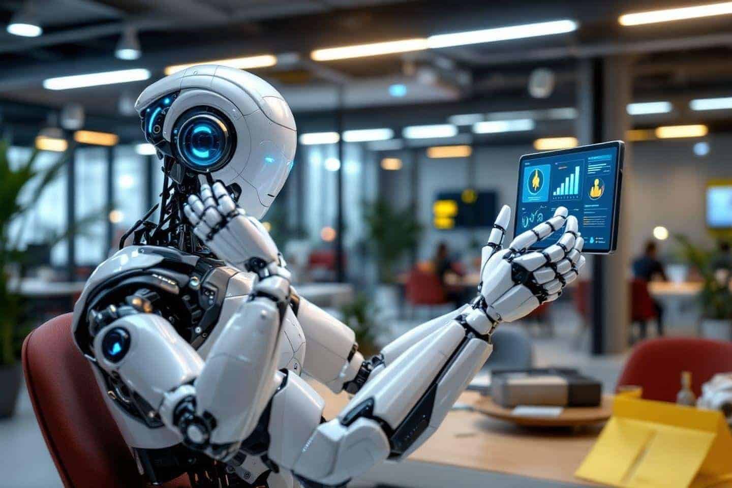 Robot blanc avec écran numérique dans un bureau moderne