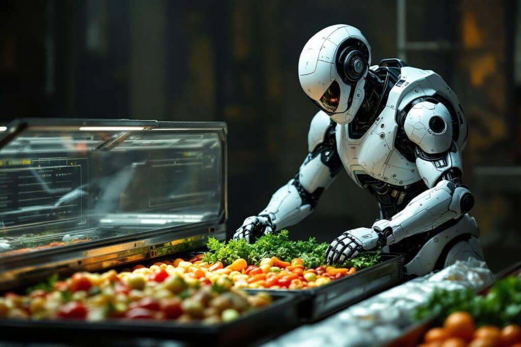Robot blanc manipulant des tomates colorées dans un environnement technique