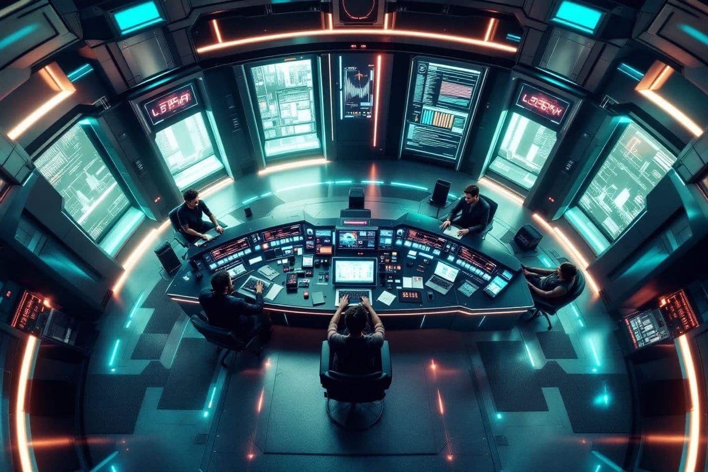 Poste de pilotage sophistiqué avec écrans bleus et opérateurs