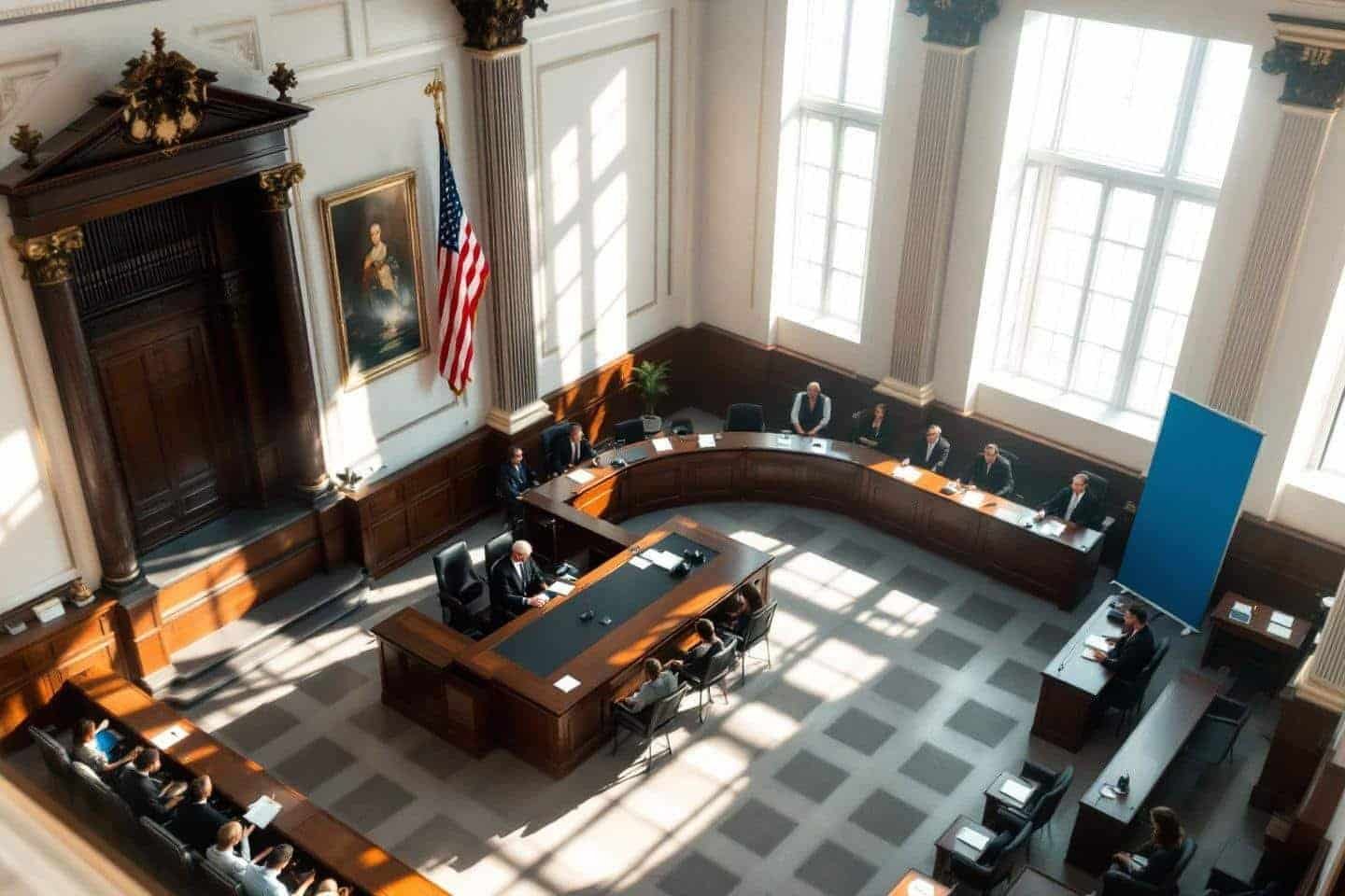 Vue aérienne d'une salle de conseil avec drapeau américain