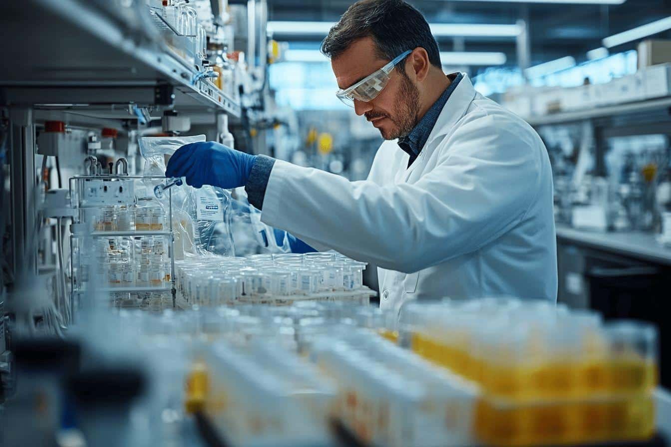 Chercheur en blouse blanche manipulant des flacons scientifiques