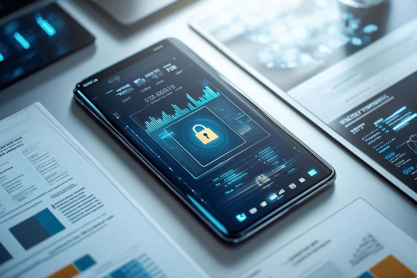 Smartphone affichant un tableau de bord de cybersécurité avec cadenas