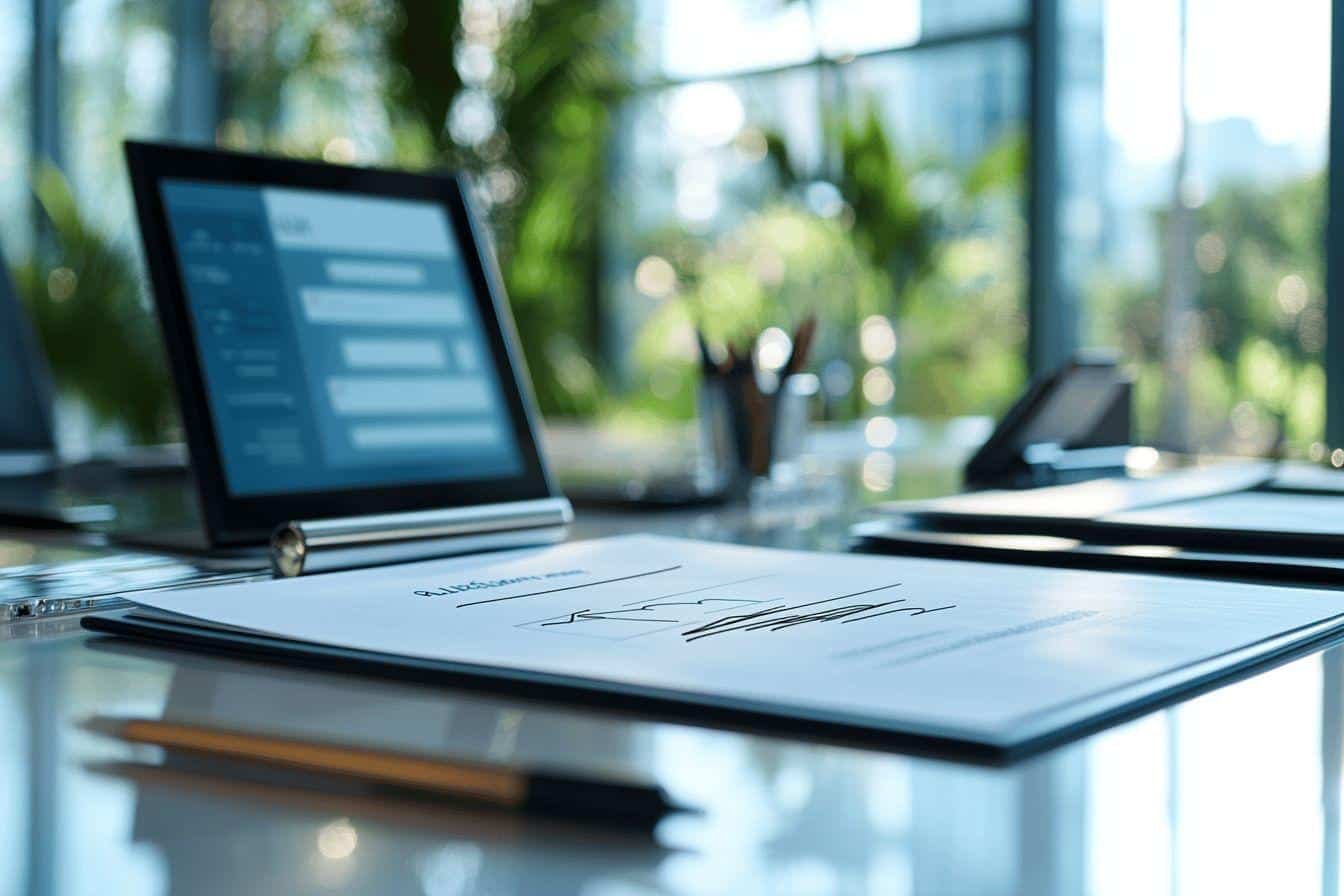 Document prêt à être signé près d'un ordinateur portable