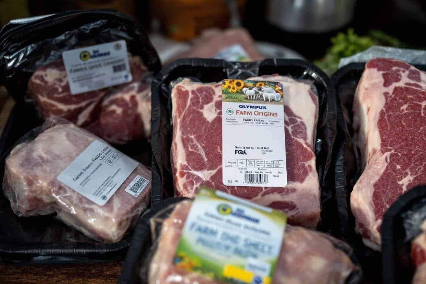 Plusieurs morceaux de viande rouge dans des emballages noirs