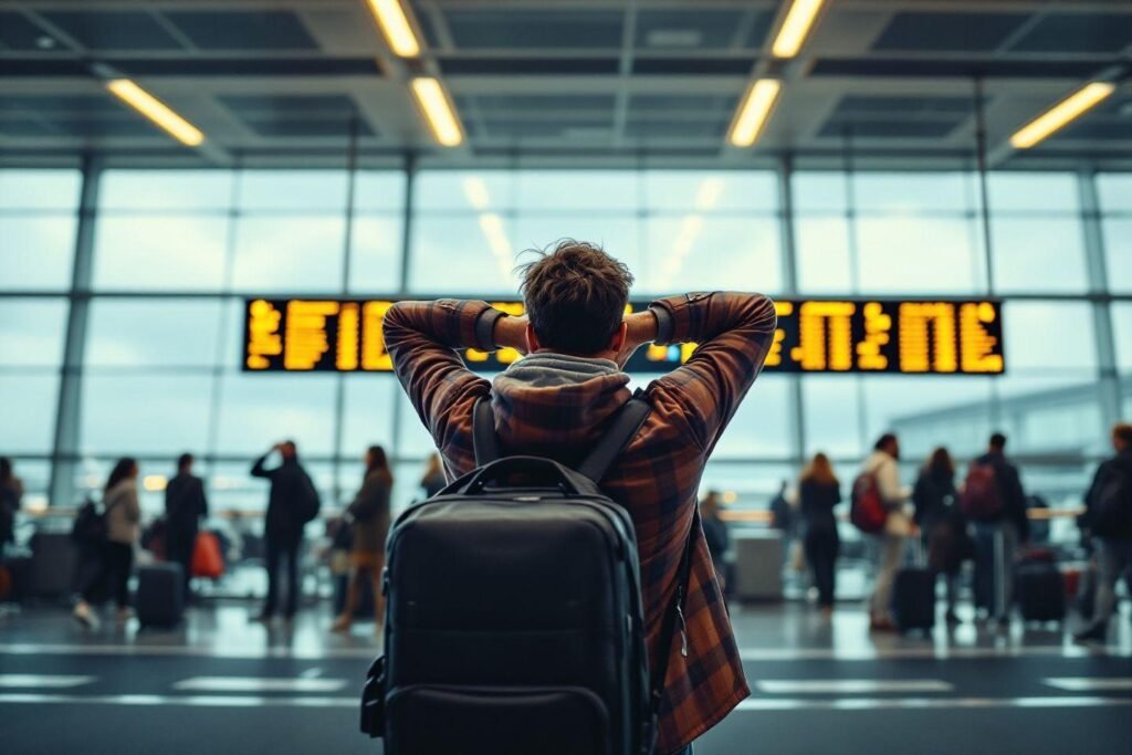 Dos d'un voyageur avec sac à dos dans un terminal aéroportuaire