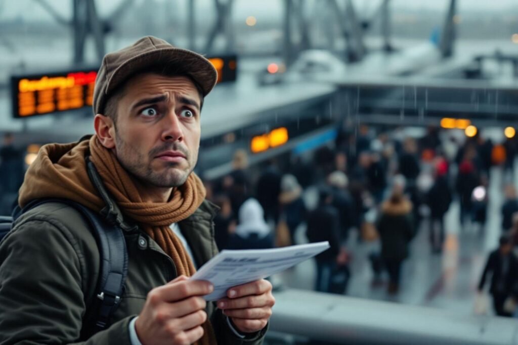 Homme inquiet avec billet à la gare